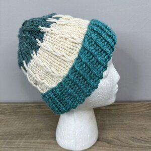 Handmade Chunky Cable Knit Beanie Teal Cream Colorblock Winter Hat‎ Ribbed NEW